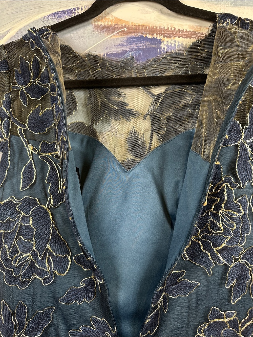 Tadashi Shoji Halona Dress Sz 4 Deep Teal Blue Green Floral Gold Lace SMALL 4 - Picture 13 of 13